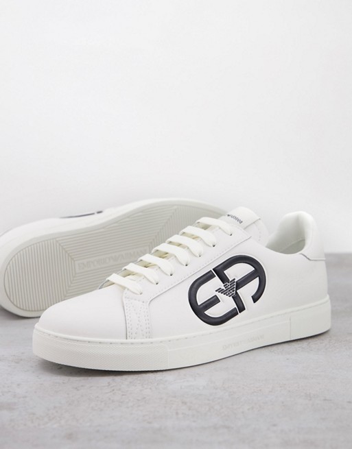 Emporio Armani leather trainers with printed contrast rubber logo in white