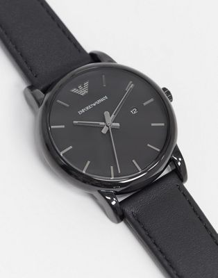 Emporio Armani Leather Watch In Black 