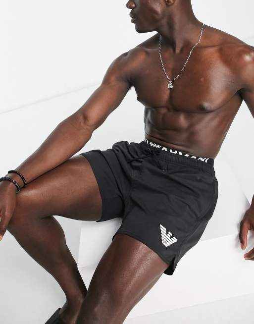 Emporio Armani logo band swim shorts in black | ASOS