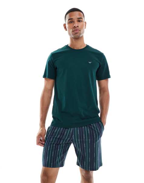 Emporio Armani logo jersey pyjama set in green and navy - view 1