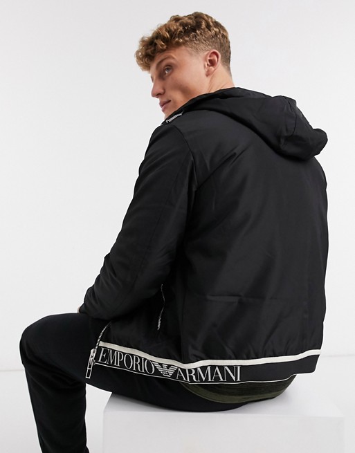 Emporio Armani logo taped hooded jacket in black