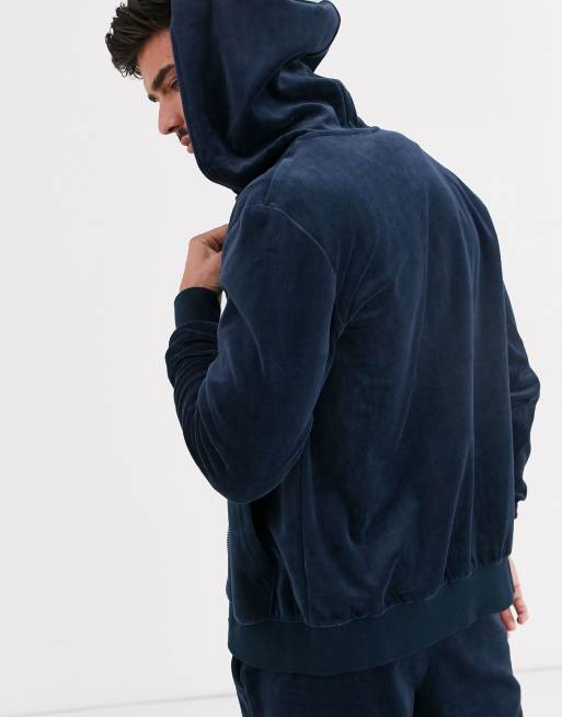 Emporio Armani logo velour lounge hoodie in navy | ASOS