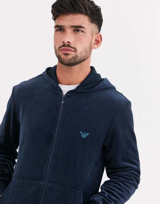 Emporio Armani logo velour lounge hoodie in navy