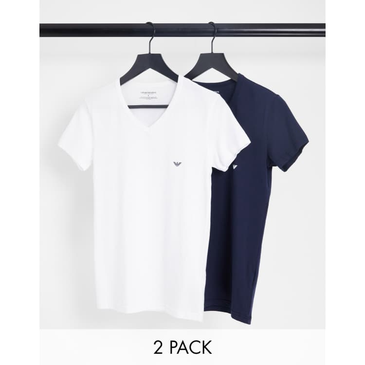 Emporio Armani Loungewear 2 pack v neck logo lounge t shirts in white and navy ASOS