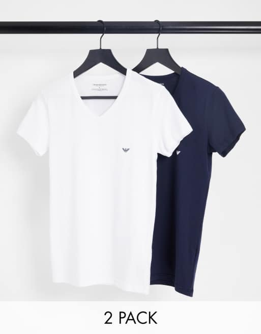 Emporio Armani Loungewear 2 pack v neck logo lounge t-shirts in white and  navy | ASOS