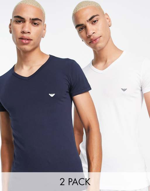 Emporio Armani Loungewear 2 pack v neck logo lounge t-shirts in white and  navy | ASOS