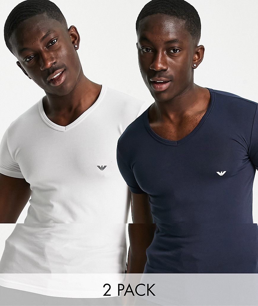 Emporio Armani - Loungewear 2-pak hvid og marineblå t-shirts med v-hals og logo-Multifarvet