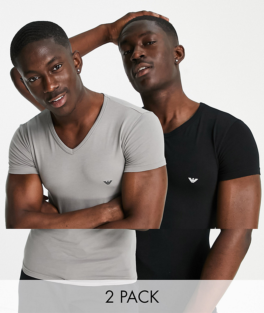 Emporio Armani - Loungewear - 2-pak sorte og grå lounge t-shirts med v-hals og logo-Multifarvet