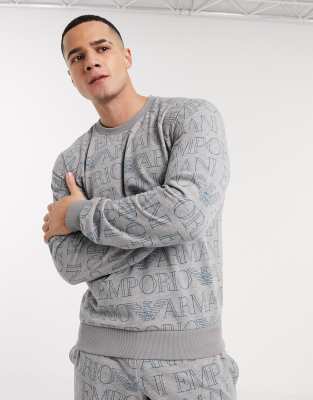 Emporio Armani Loungewear all over text print crew neck sweat in gray