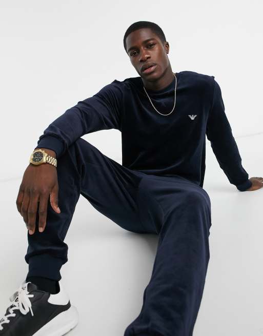 Emporio Armani Loungewear silver logo velour sweat & joggers set in navy |  ASOS