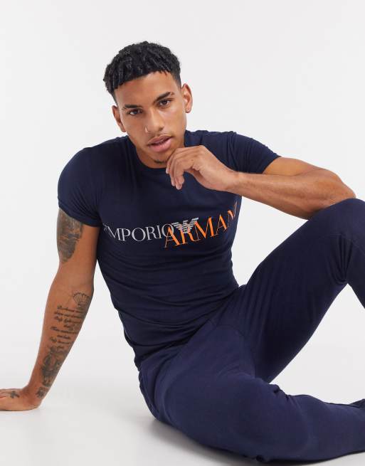 Emporio Armani Loungewear slim fit mega logo t-shirt in navy with orange |  ASOS