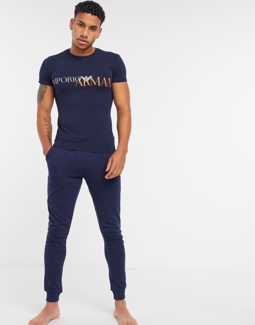 Emporio Armani Loungewear slim fit mega logo t-shirt in navy with orange |  ASOS