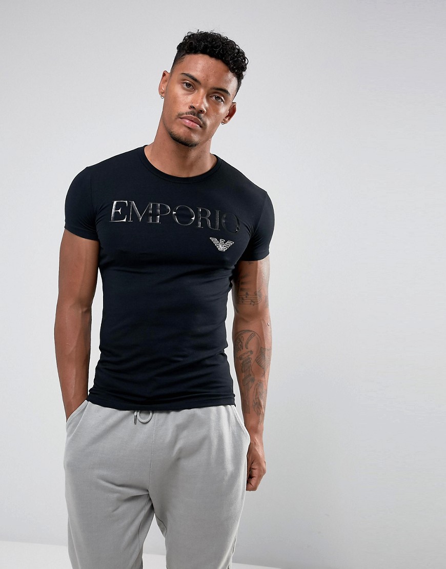 Emporio Armani Loungewear - T-shirt da casa nera con scritta del logo-Nero