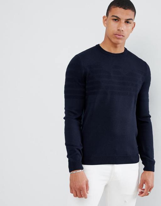 Emporio Armani - Maglione lavorato girocollo con logo intarsiato blu navy |  ASOS