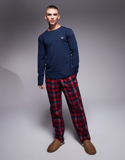 Emporio Armani - Marineblåt pyjamassæt med børstede bukser med røde tern - view 1