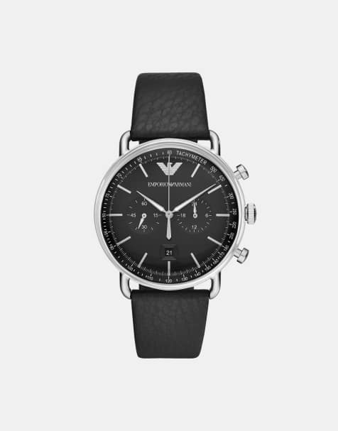Emporio Armani Men's chronograph black leather watch in black - view 1