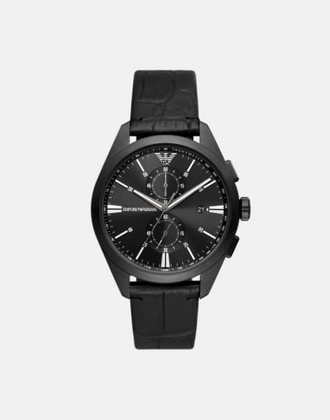 Emporio Armani Men's chronograph, black leather watch in black - view 1