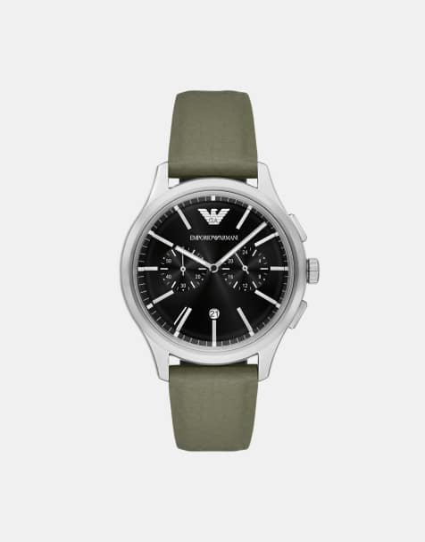 Emporio Armani Men's chronograph green leather watch in silver - view 1