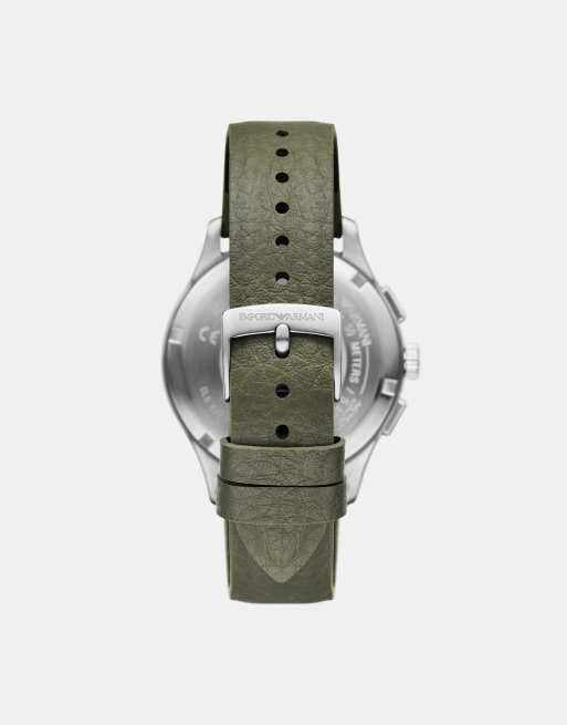 Emporio Armani Men's chronograph green leather watch in silver, 2 of 2