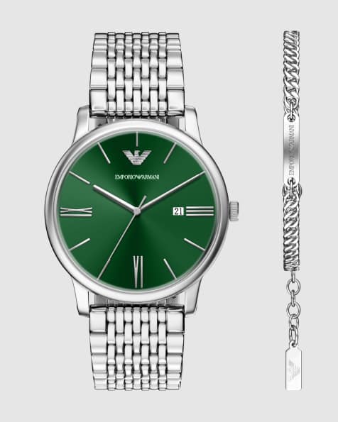 Emporio Armani Men's three-hand date stainless steel watch and bracelet set, ar80087set in silver - view 1