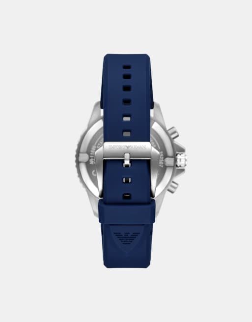 Emporio Armani Men's world explorer solar-powered chronograph blue silicone watch in silver, 2 of 2