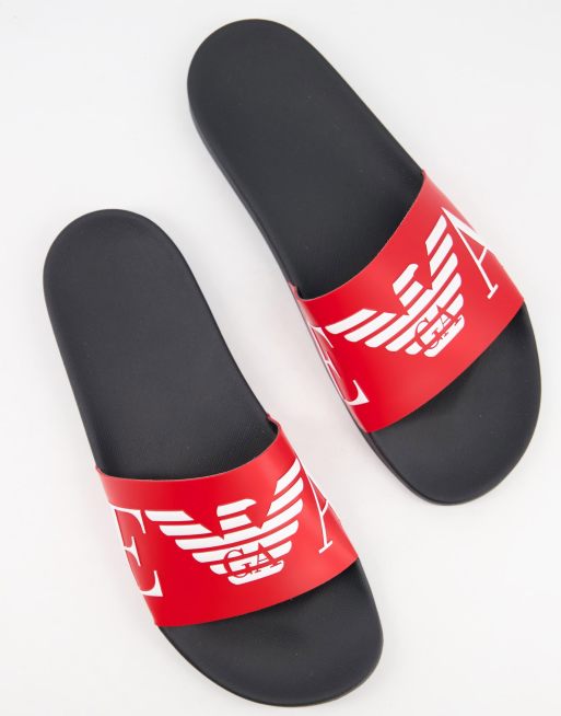 Emporio Armani monogram large eagle logo slides in navy/ red