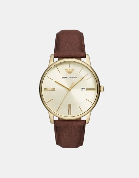 Emporio Armani montre à trois aiguilles avec date, bracelet en cuir marron - view 1