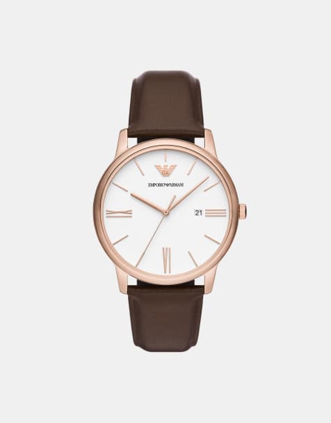 Emporio Armani - Montre en cuir avec date et trois aiguilles - Marron - view 1