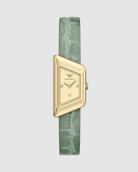 Emporio Armani montre en cuir vert à deux aiguilles dorée - view 1