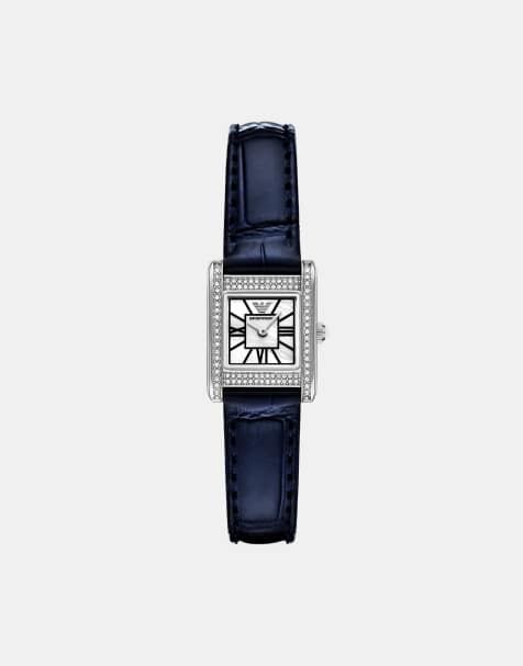 Emporio Armani - Montre pour femme en cuir à deux aiguilles - Argenté/bleu - view 1