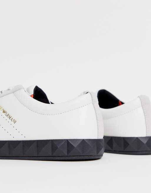 Emporio Armani Opatija textured sole leather trainers in off white