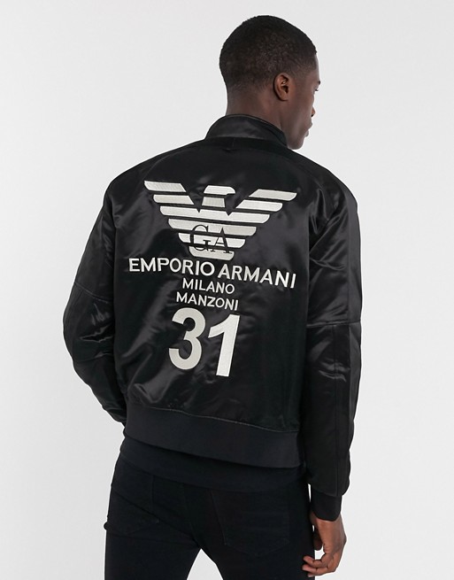 Emporio Armani padded bomber jacket with Milano back print in black