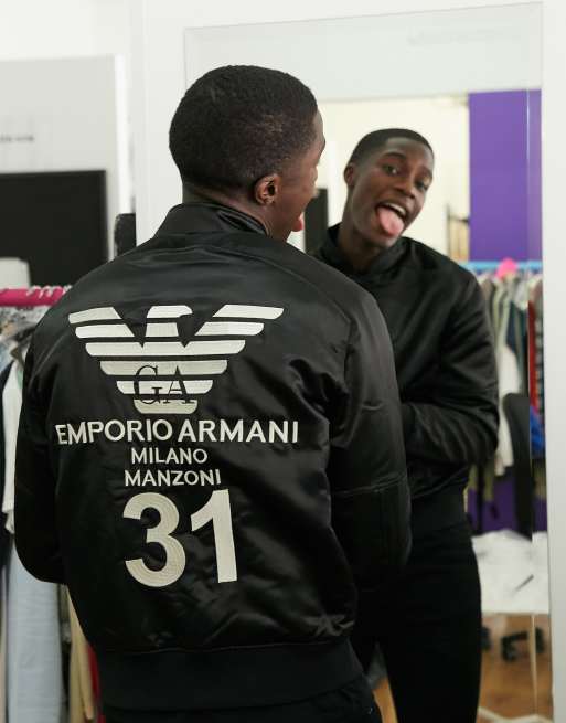 Emporio Armani padded bomber jacket with Milano back print in black | ASOS