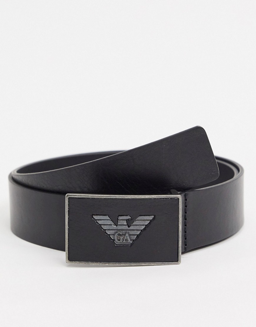 Emporio Armani plaque buckle leather belt in black