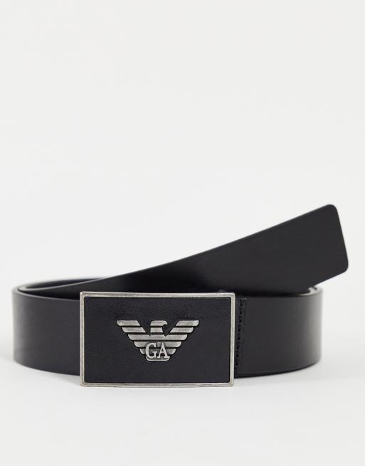 Emporio Armani plaque buckle leather belt in black