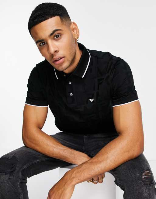 Emporio Armani polo shirt in jacquard text print in black ASOS