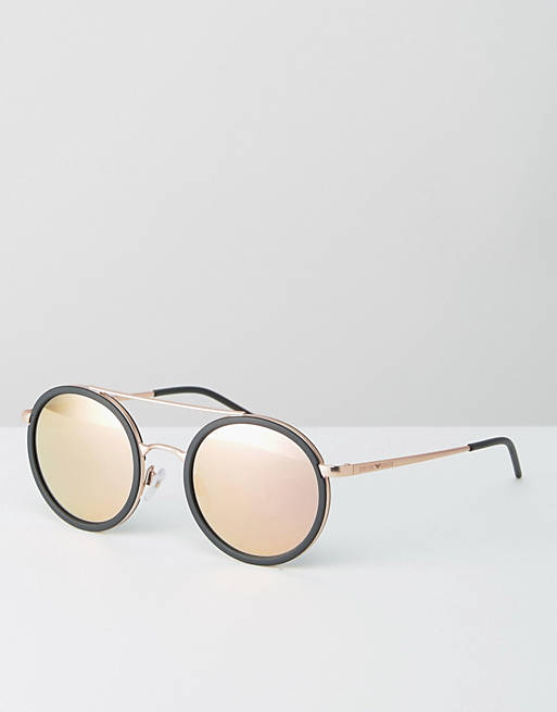 Emporio Armani Round Sunglasses with Brow Bar and Rose Gold Lens