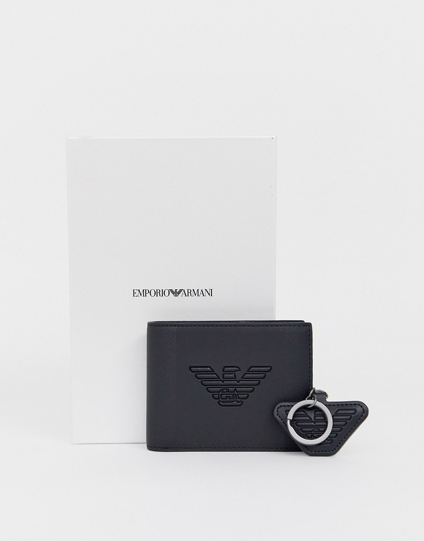 Emporio Armani - Set regalo con portafoglio e portachiavi nero con aquila incisa