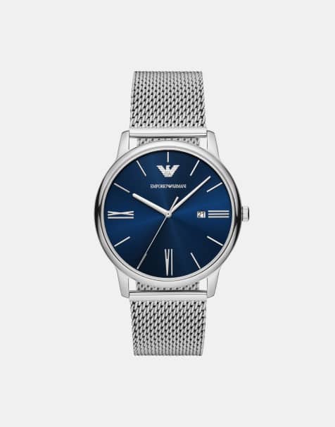 Emporio Armani – Silberfarbene Uhr aus Edelstahl mit Mesh-Armband, drei Zeigern und Datumsanzeige - view 1