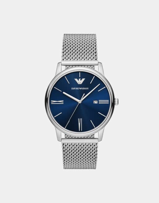 Emporio Armani – Silberfarbene Uhr aus Edelstahl mit Mesh-Armband, drei Zeigern und Datumsanzeige