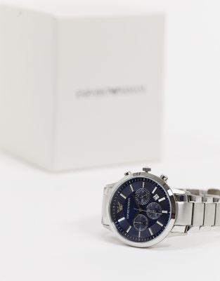 silver and blue armani watch