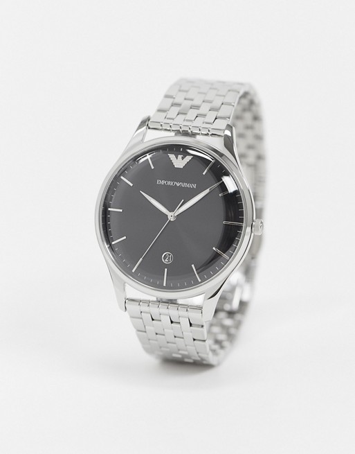 Emporio Armani silver mesh watch with black dial AR11286