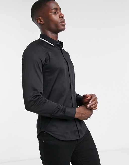 Emporio Armani slim fit contrast logo jersey collar shirt in black