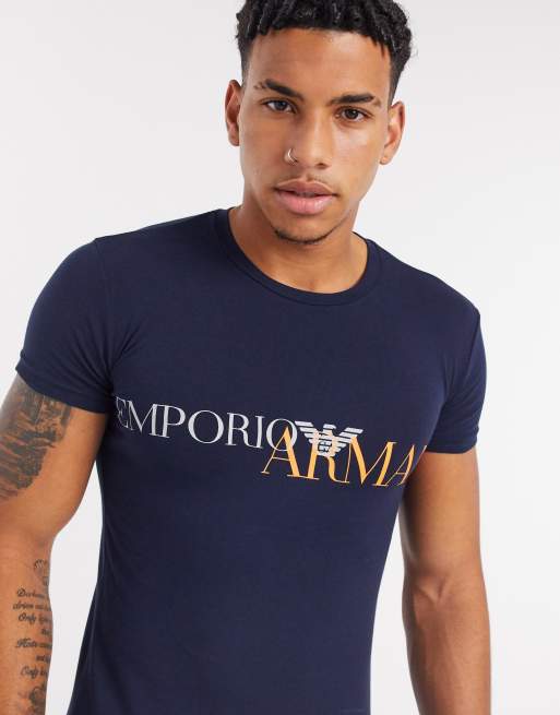 Emporio Armani slim fit mega logo t shirt in navy with orange