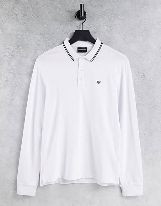 Emporio Armani slim fit twin tipped long sleeve polo in white