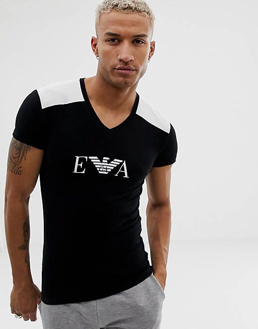 Emporio Armani slim fit v-neck EVA logo lounge t-shirt in black | ASOS