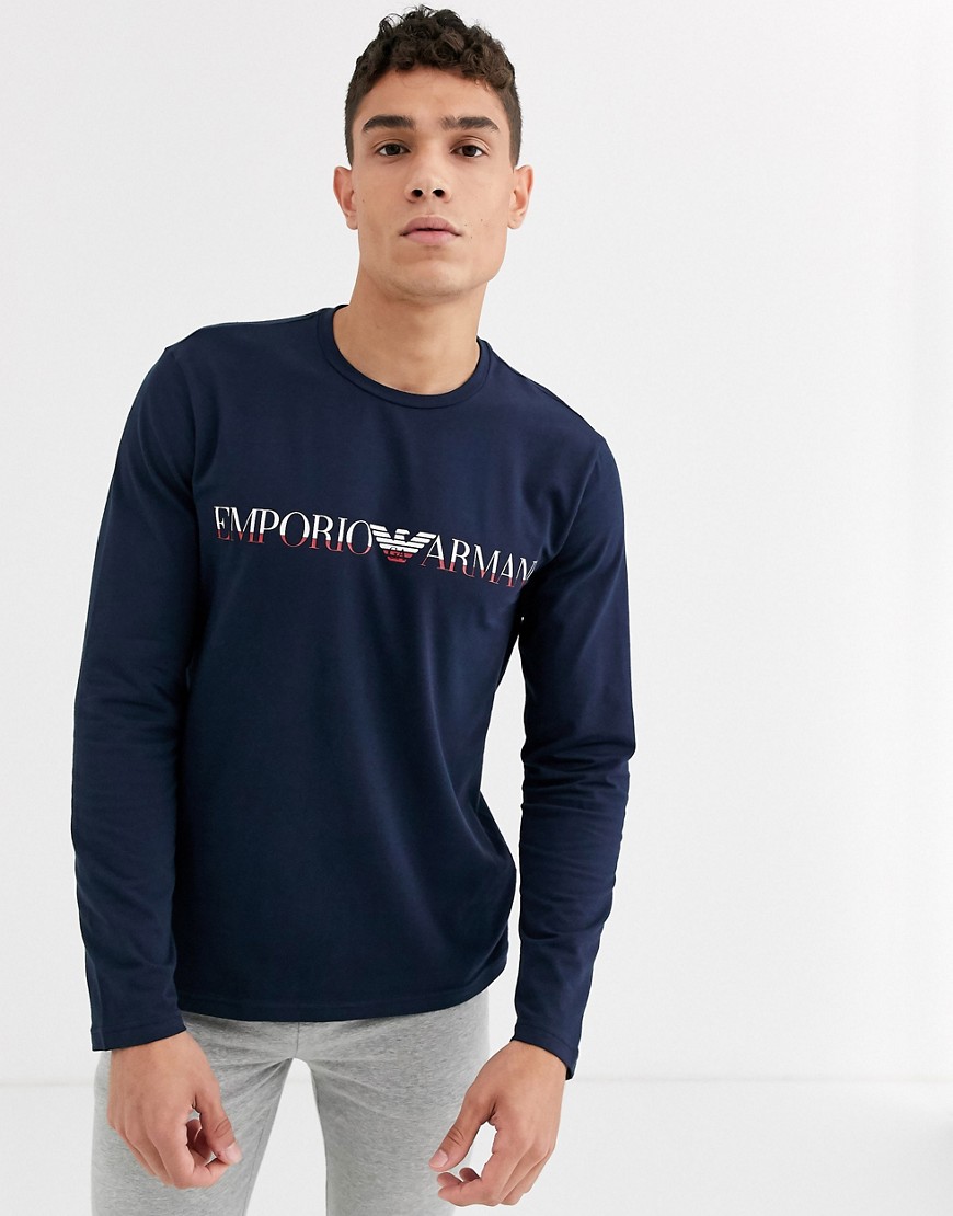 Emporio Armani - T-shirt da casa slim a maniche lunghe blu navy con logo oversize