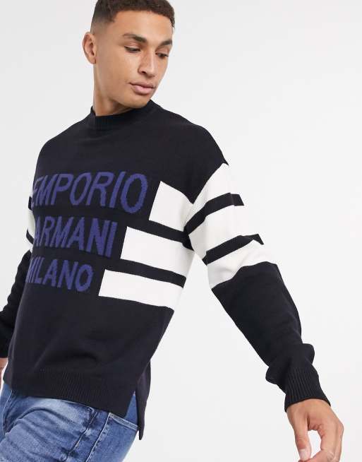 Emporio Armani text logo knitted jumper in navy ASOS