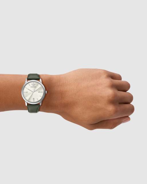 Emporio Armani Three-hand date green leather watch in silver, 2 of 4