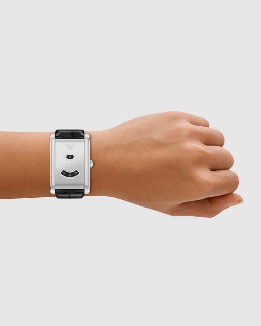 Emporio Armani Two-hand black leather watch in silver, 3 of 4